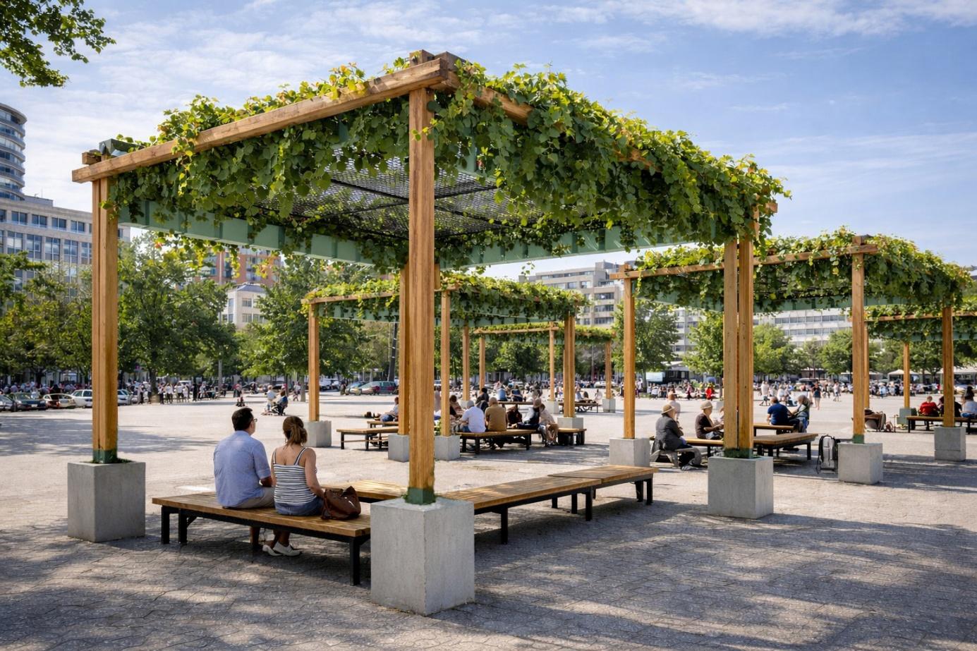 CityRoots Klimainsel mit Sitzbänken